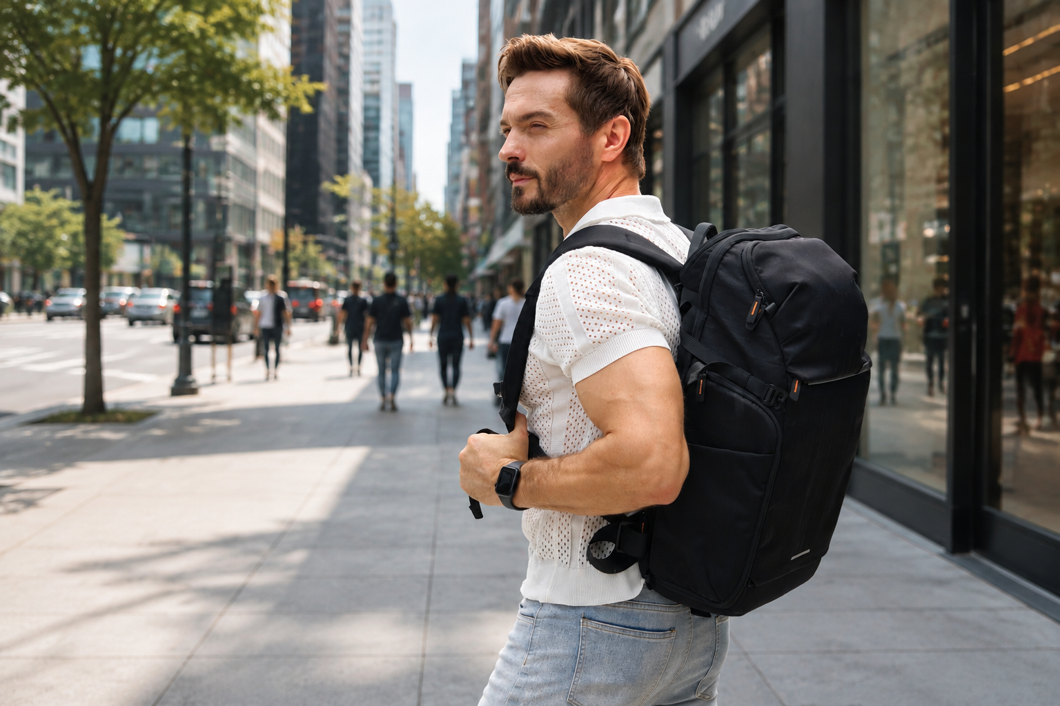 NENEXS X1 backpack on a busy American city street