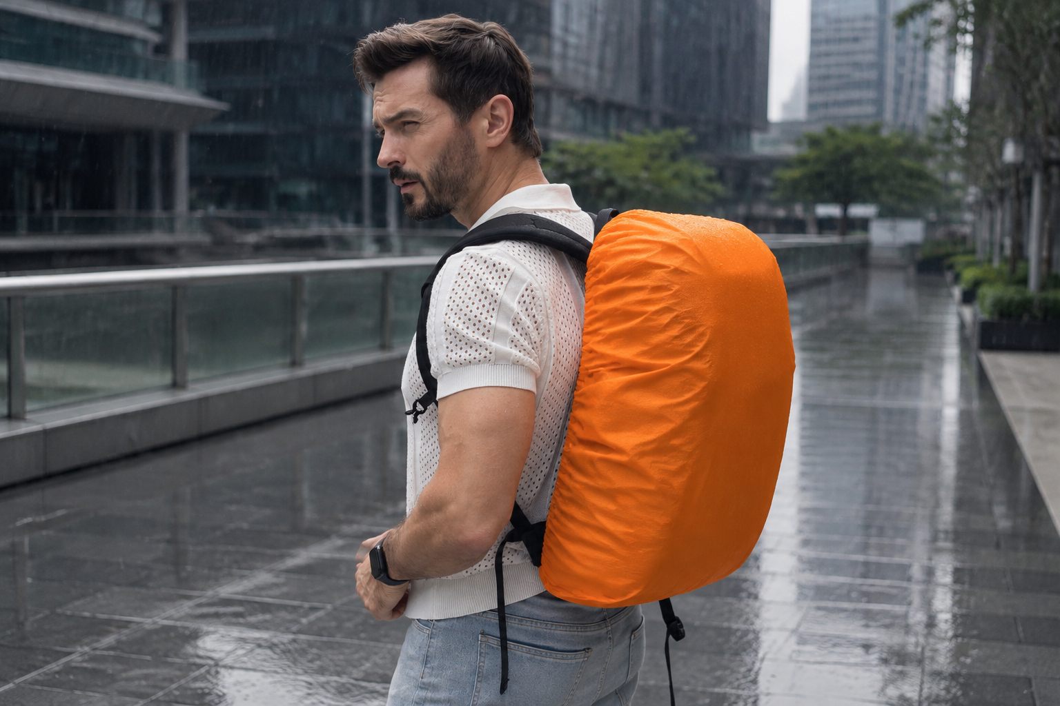 NENEXS X1 backpack in a rainy city setting