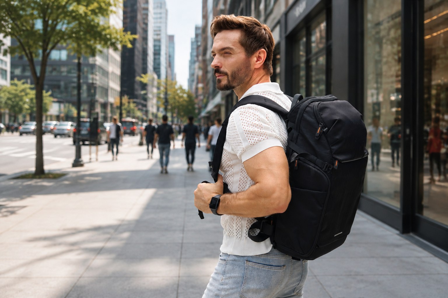 NENEXS X1 backpack on a busy American city street